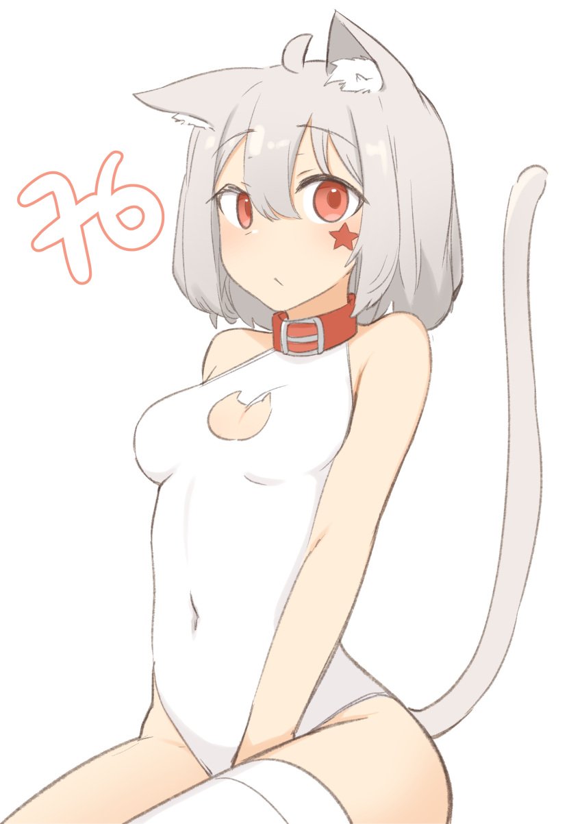 absolute_territory cat_ears catgirl collar daebom face_paint m18_hellcat original_character red_collar red_eyes thighhighs war_thunder white_clothing white_hair white_tail