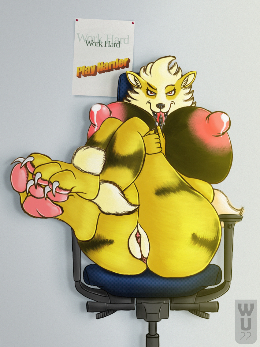 3_toes 4:3 5_fingers absurd_res ankle_tuft anthro arcanine big_breasts bodily_fluids breasts chair claws clitoris feet female fingernails fingers fur furniture generation_1_pokemon genitals hi_res lactating leg_grab leg_tuft licking light looking_at_viewer nails nintendo nipples office_chair on_chair paper pawpads paws pink_nipples pink_pawpads pink_pussy plump_labia pokemon pokemon_(species) pussy pussy_freckles quote rubbing_feet saliva shiny_pokemon sitting sitting_on_chair solo stripes suggestive_look tablet_pen toe_claws toes tongue tongue_out tuft video_games wall_(structure) word_art wu_capy yellow_body yellow_fur