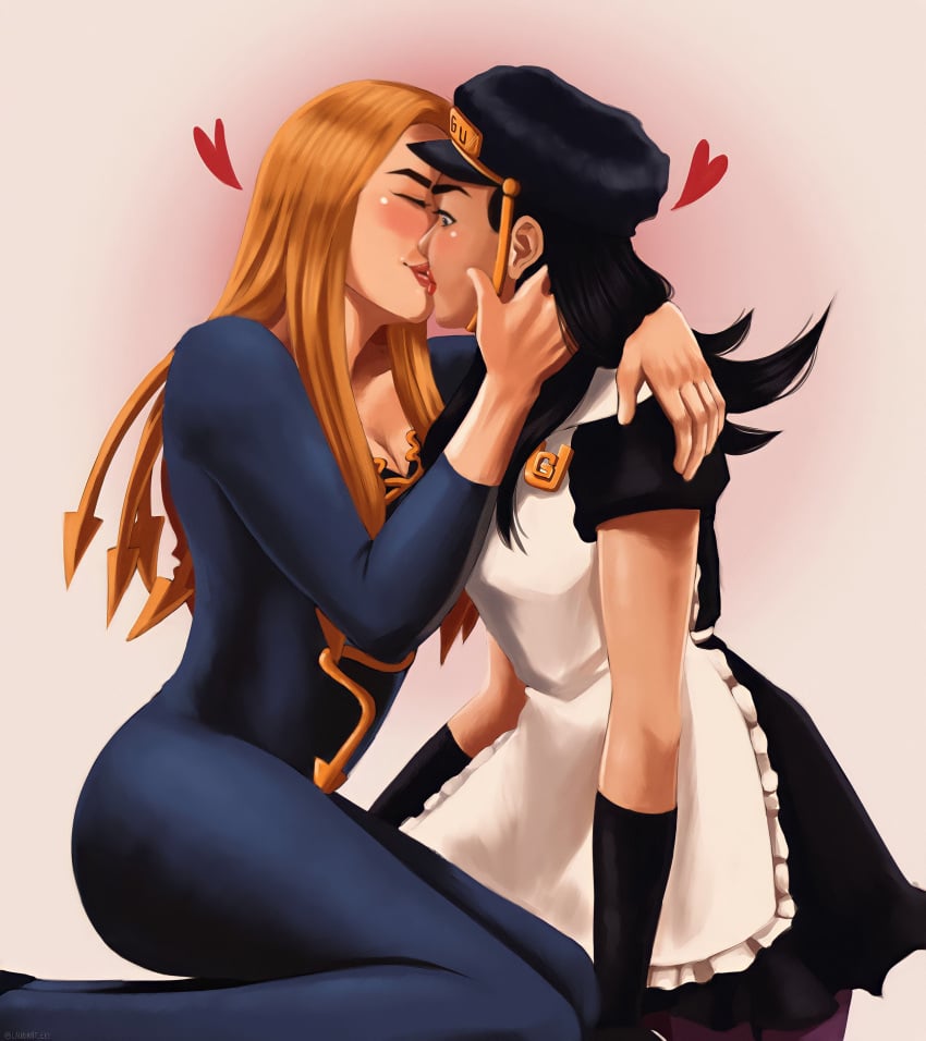 2girls black_hair blonde_hair blush closed_eyes female female_focus female_only hat higashikata_hato jojo's_bizarre_adventure jojolion kei_nijimura kissing lauriart_exe maid multiple_girls yuri