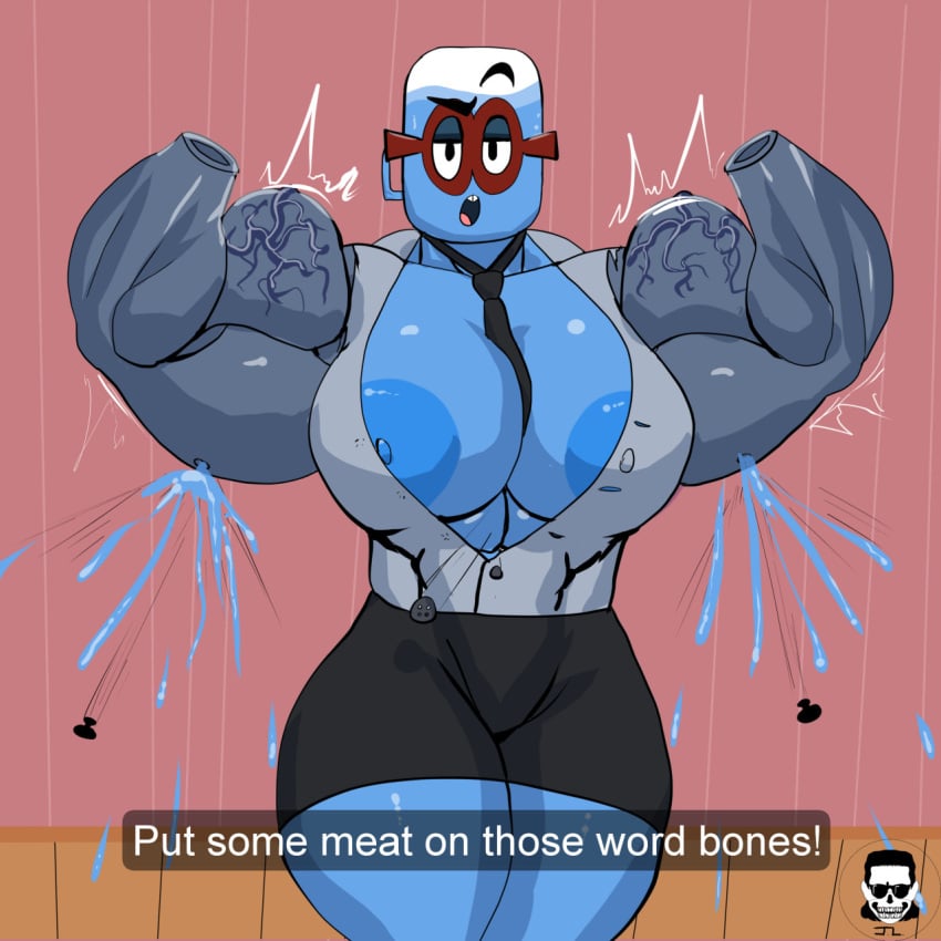 animate_inanimate anthro black_skirt black_tie blue_skin buff eyebrows_raised flexing hourglass_figure jackbox_games jimbolettuceman job_job large_biceps large_breasts large_hips large_nipples looking_at_viewer m._bubbles muscular popping_buttons quote red_glasses ripped_clothing ripping_clothing shiny_thighs spraying the_jackbox_party_pack_8 veins veiny_muscles water_cooler watermark