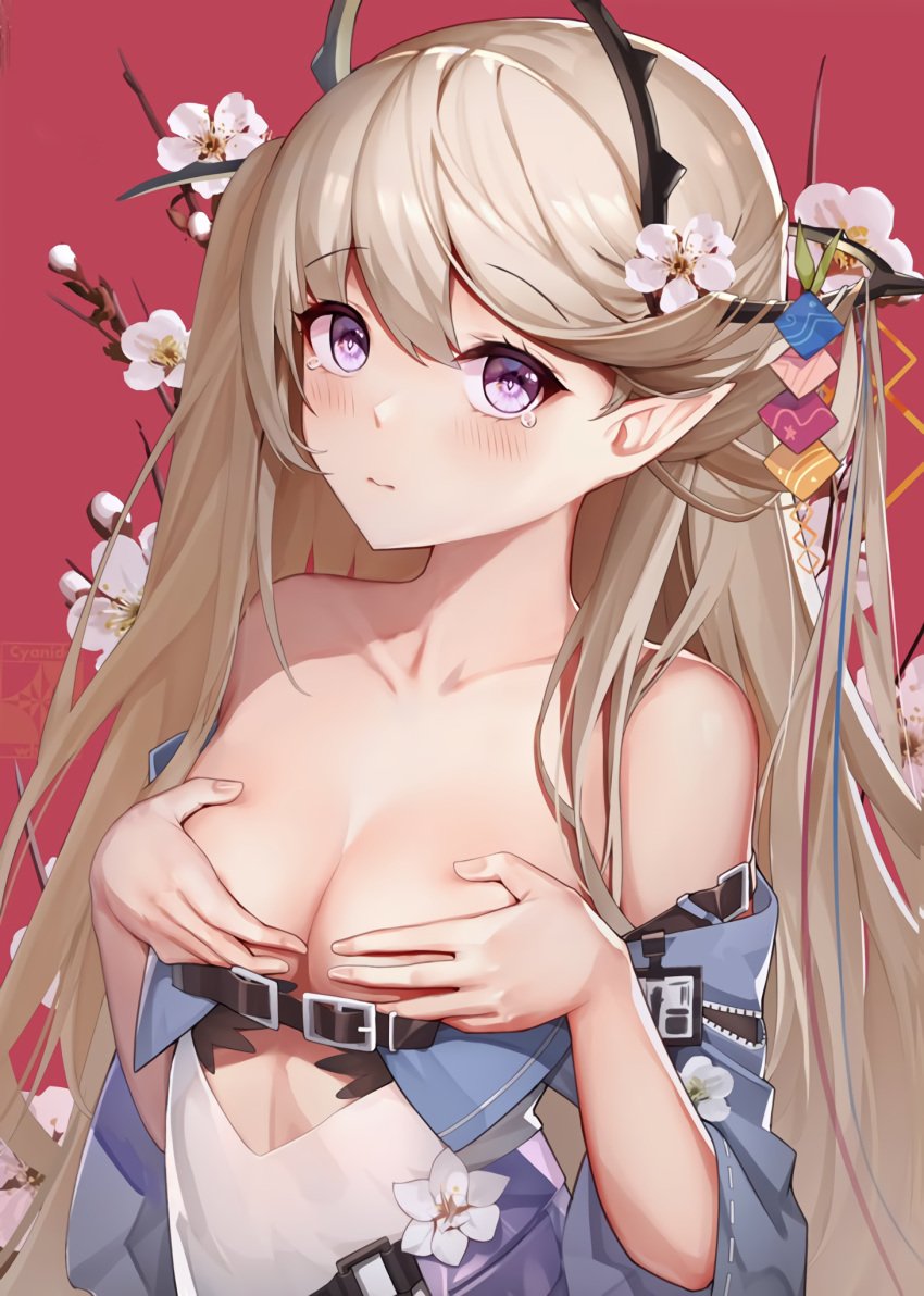 1girls arknights bare_shoulders blonde_hair blush chest clothed collarbone covering covering_breasts cyanide-whale embarrassed eyelashes female female_only flower_in_hair highres horn_accessory horns indigo_(arknights) light-skinned_female nervous no_bra pointy_ears purple_eyes shy small_breasts solo tears