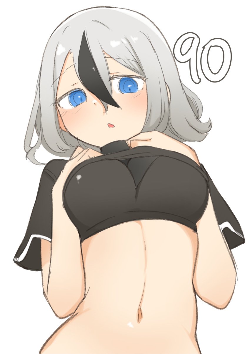 black_shirt blue_eyes breda daebom hands_on_breasts looking_down staring_at_viewer underboob war_thunder white_hair