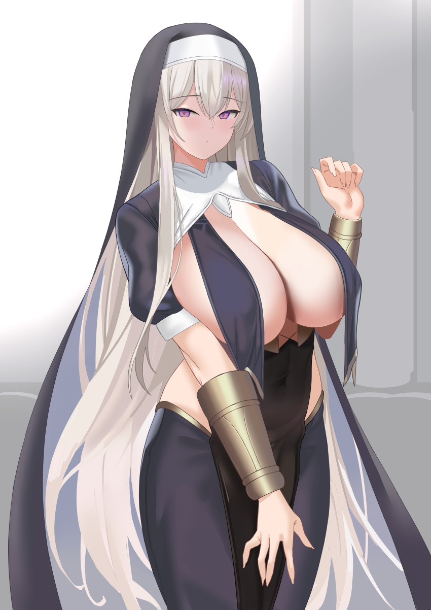 1girls absurd_res bangs blush breast_curtains breasts cleavage female grey_hair highres huge_breasts light-skinned_female light_skin long_hair looking_at_viewer nun original purple_eyes solo tnr_(horiko1525)