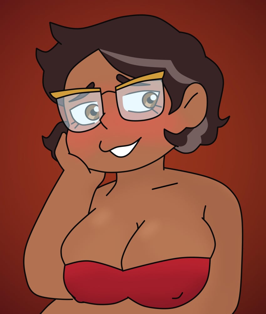 blush brown_eyes brown_hair camila_noceda dark-skinned_female dark_skin disney disney_channel female female_focus glasses latina looking_away milf mother overflowing_breasts rustybv3 solo straight_hair the_owl_house