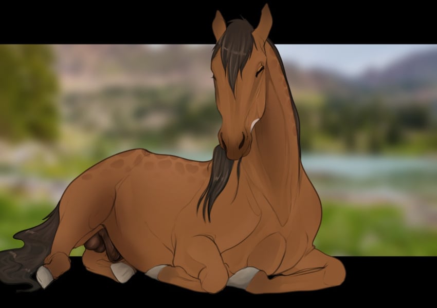 angellsview3 animal_genitalia balls blurred_background brown_body brown_hair brown_mane brown_tail closed_eyes digital_media_(artwork) dolero equid equine feral feral_only fully_sheathed genitals hair hooves horse lying male mammal mane on_front sheath solo