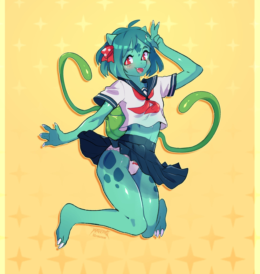 1girls absurd_res blush bulbasaur female female_only full_body furry green_body green_hair humanoid looking_at_viewer masvino medium_hair nintendo panties pokémon_(species) pokemon pokemorph red_eyes school_uniform skirt_up smiling smiling_at_viewer smooth_skin solo v_sign