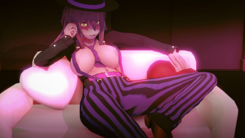 1girls 3d anthro big_breasts braces breasts deltarune deltarune_chapter_3 fedora female female_only hat heart_pillow koikatsu koikatsu! koikatsu_(medium) koikatsu_sunshine koikatu monster_girl pink_skin sitting sitting_on_sofa sofa susie_(deltarune) tie