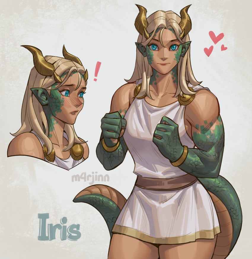 ! 1girls absurd_res aqua_eyes blonde_hair blush dragon_girl dragon_horns dragon_humanoid dragon_tail exclamation_mark female female_only green_scales heart horns humanoid iris_(m4rjinn) light-skinned_female light_skin long_hair looking_at_viewer m4rjinn muscular muscular_female original original_character pointy_ears scales simple_background solo tail toga