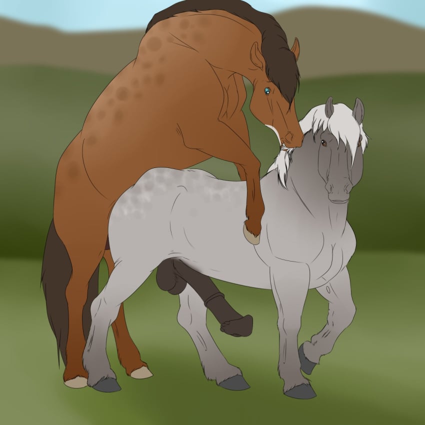 1:1 animal_genitalia animal_penis balls brown_body brown_eyes brown_hair brown_mane brown_tail digital_media_(artwork) dolero duo equid equine equine_penis erection feathering feral feral_only flared_penis from_behind_position fur genitals grey_body hair hi_res hooves horse male male/male male_penetrated male_penetrating male_penetrating_male mammal mane mounting on_hind_legs penetration penis raised_leg sex simple_background theodrekr white_hair white_mane