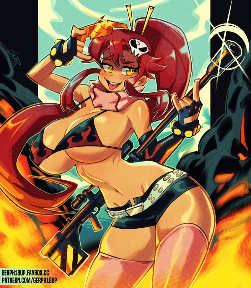 bikini bikini_top blue_sky breasts eyewear eyewear_removed female fingerless_gloves gerph gloves gun headwear huge_breasts large_breasts long_hair navel ponytail ponytail_hair red_hair short_shorts shorts sniper sniper_rifle solo sunglasses_removed tengen_toppa_gurren_lagann thick_thighs thighhighs tongue_out wide_hips yellow_eyes yoko_littner