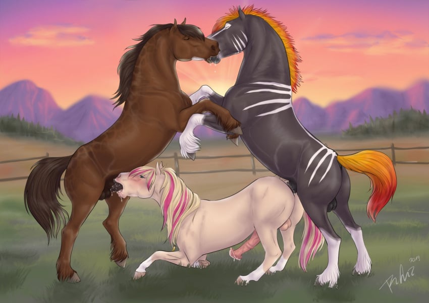 2019 anal anal_sex animal_genitalia animal_penis ashley_(rufciu) balls black_penis blush bodily_fluids brown_body brown_hair brown_mane brown_tail closed_eyes digital_media_(artwork) dolero equid equine equine_penis feathering fellatio fence feral flared_penis from_behind_position fur genital_fluids genitals girly group hair hooves horse kissing kneeling male male/male male_penetrated male_penetrating male_penetrating_male mammal mane mountain mounting multicolored_body multicolored_hair on_hind_legs oral penetration penile penis pink_penis precum raised_leg raised_tail rufciu rufuz saliva sex spitroast trio two_tone_body two_tone_hair two_tone_tail