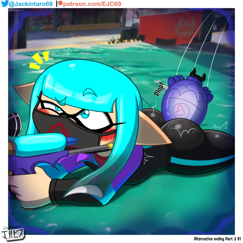 ass blush cephalopod digital_media_(artwork) fanart female green_eyes green_hair humanoid inkling inkling_girl jackintaro mask nintendo splatoon venus_(blazedscarf)