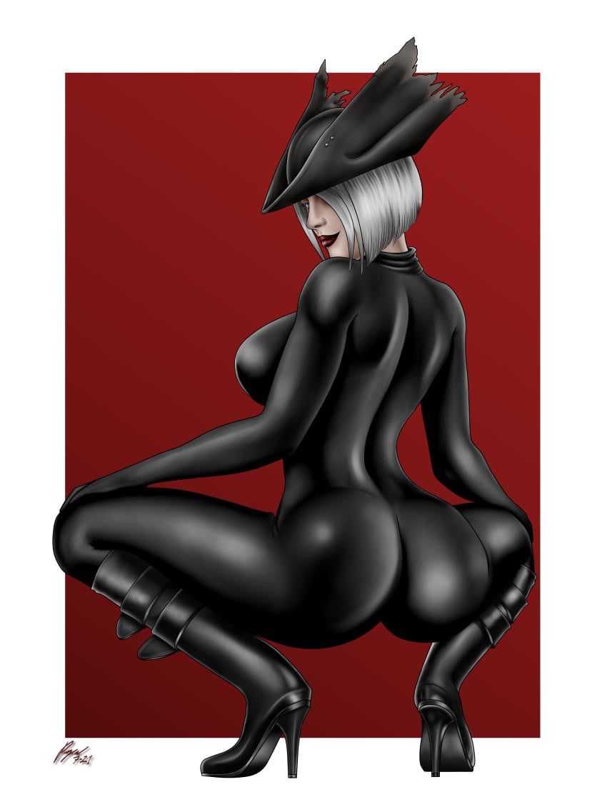 absurd_res badhunter115 black_latex bloodborne blue_eyes exposed_breasts fromsoftware huge_ass huge_breasts latex morrigin_paine pinup shiney squatting white_hair