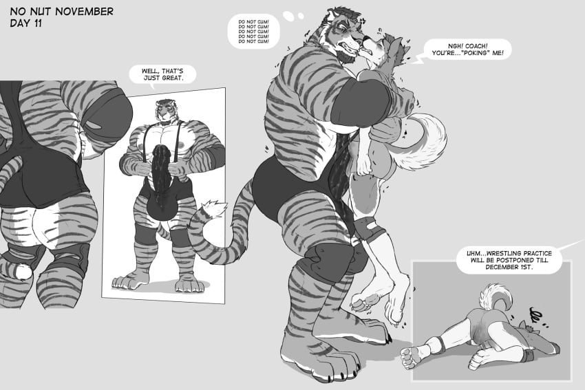 2022 all_fours anthro anthro_on_anthro areola ass ass_up back_muscles beard biceps big_bulge big_butt big_pecs big_penis bodily_fluids bulge canid canine canis clothed clothing digital_media_(artwork) domestic_dog dream_and_nightmare duo english_text excessive_genital_fluids excessive_precum facial_hair feet felid fur furgonomics genital_fluids genitals greyscale hair hi_res huge_bulge huge_cock husky interspecies knee_pads larger_anthro larger_male male male/male mammal meme mirror monochrome muscular muscular_anthro muscular_male muscular_thighs night_(dream_and_nightmare) nipples no_nut_november nordic_sled_dog pantherine pecs penis plantigrade poking_out precum quads sequence shirt size_difference smaller_anthro smaller_male speech_bubble spitz striped_body striped_fur stripes sweat talking_to_another talking_to_self tank_top text thick_thighs thought_bubble tiger tight_clothing topwear wrestling wrestling_singlet