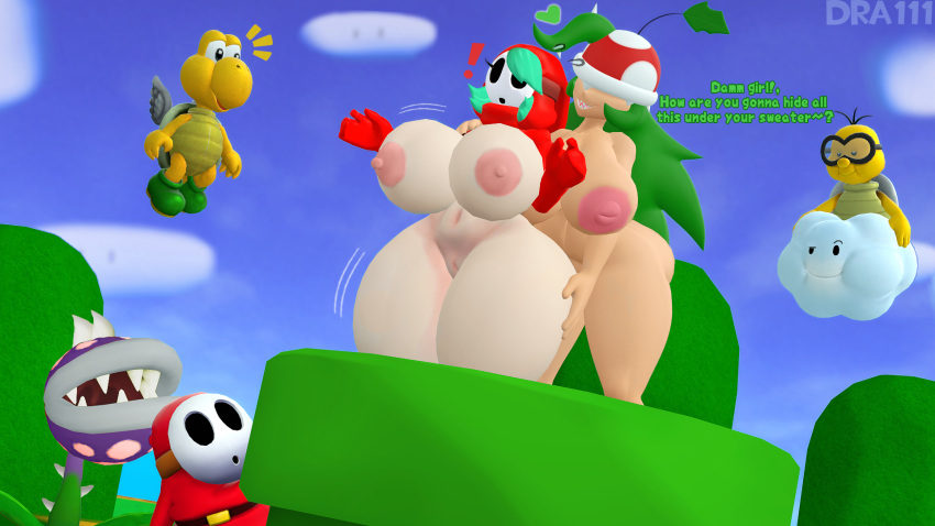 ! 2girls 3d 3d_(artwork) ass_grab big_ass bimbo bubble_butt dra111_(artist) dragon316 exhibitionism exposed_breasts grabbing_from_behind green_hair green_koopa_troopa hair_over_one_eye koopa_troopa lakitu large_breasts light-skinned_female light_skin long_hair mario_(series) nintendo pale-skinned_female pale_skin pipes piranha_plant piranha_plant_girl public public_nudity sharp_teeth short_hair shy_gal shy_gal_red shy_guy source_filmmaker super_mario_bros. surprised tagme thick_thighs