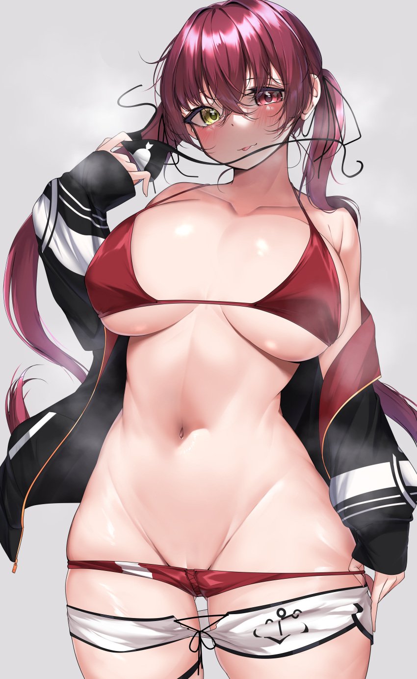 1girls :p absurd_res bikini black_jacket breasts clothes_pull dolphin_shorts eyepatch eyepatch_removed grey_background groin heterochromia hi_res holding_eyewear hololive hololive_fantasy hololive_japan houshou_marine jacket kshimu large_breasts long_hair looking_at_viewer navel partially_visible_vulva pussy pussy_peek red_bikini red_eyes red_hair short_shorts shorts shorts_pull simple_background skindentation solo stomach swimsuit thighs tongue tongue_out twintails virtual_youtuber white_shorts yellow_eyes