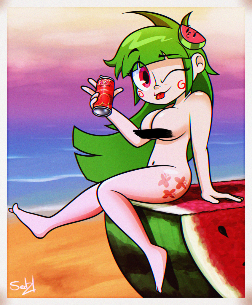 5_fingers arizona_iced_tea beach blep breasts can canned_drink censored censored_breasts cute eye_closed fruit green_hair long_hair marker naked naked_female nude nude_female nudity one_eye_closed pinup red_eyes sand sed2116 signature summer vannamelon vannamelon_(copyright) virtual_youtuber water watermelon