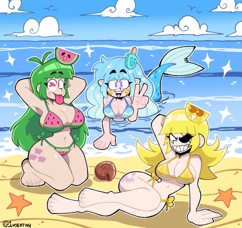 1nsert 3girls 5_fingers 5_toes barefoot big_breasts bikini bikini_bottom bikini_top blep blue_eyes blue_hair blue_sky breasts cleavage cloud clouds commission eye_closed eye_obstructed feet female green_hair lemon_bikini long_hair mermaid mermaid_tail multiple_girls one_eye_closed one_eye_obstructed only_female purple_eyes red_eyes sharp_teeth tail teeth tongue tongue_out toothy_grin vannalemon vannamelon vannamelon_(copyright) water watermelon_bikini yellow_eyes