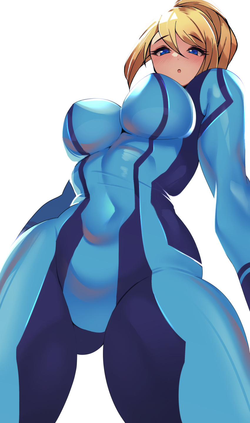 :o blonde_hair blue_eyes blush bodysuit breasts covered_navel female from_below hair_between_eyes highres huge_breasts long_hair looking_at_viewer metroid nintendo open_mouth ponytail samus_aran simple_background skin_tight solo thighs volyz white_background zero_suit zero_suit_samus