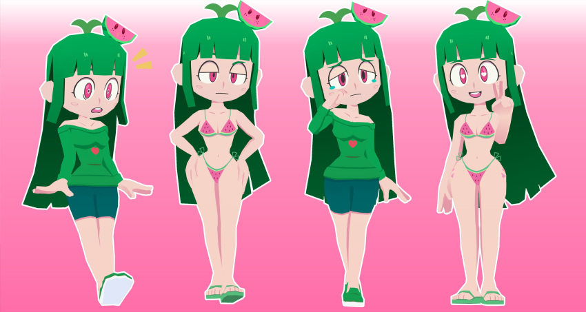 1girls 3d 3d_(artwork) 3d_model 5_toes bare_shoulders bikini bikini_bottom bikini_top breasts cleavage commission cute female female_only flip_flops green_hair green_shirt hands_on_hips heart-shaped_pupils long_hair long_sleeves low-poly low_poly lowpoly navel neonshambles off_shoulder peace_sign pink_background red_eyes sandals shocked shocked_expression shocked_eyes shocked_face shoes shorts solo tattoo tears vannamelon vannamelon_(copyright) virtual_youtuber vtuber watermelon_bikini youtuber