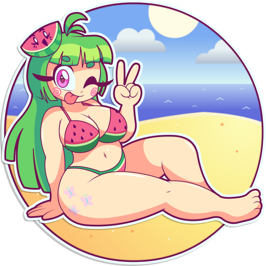 4_toes 5_fingers beach bikini bikini_bottom bikini_top blep breasts cleavage eye_closed female green_hair long_hair one_eye_closed pink_eyes sand tattoo thisnameistaken vannamelon vannamelon_(copyright) virtual_youtuber water watermelon_bikini