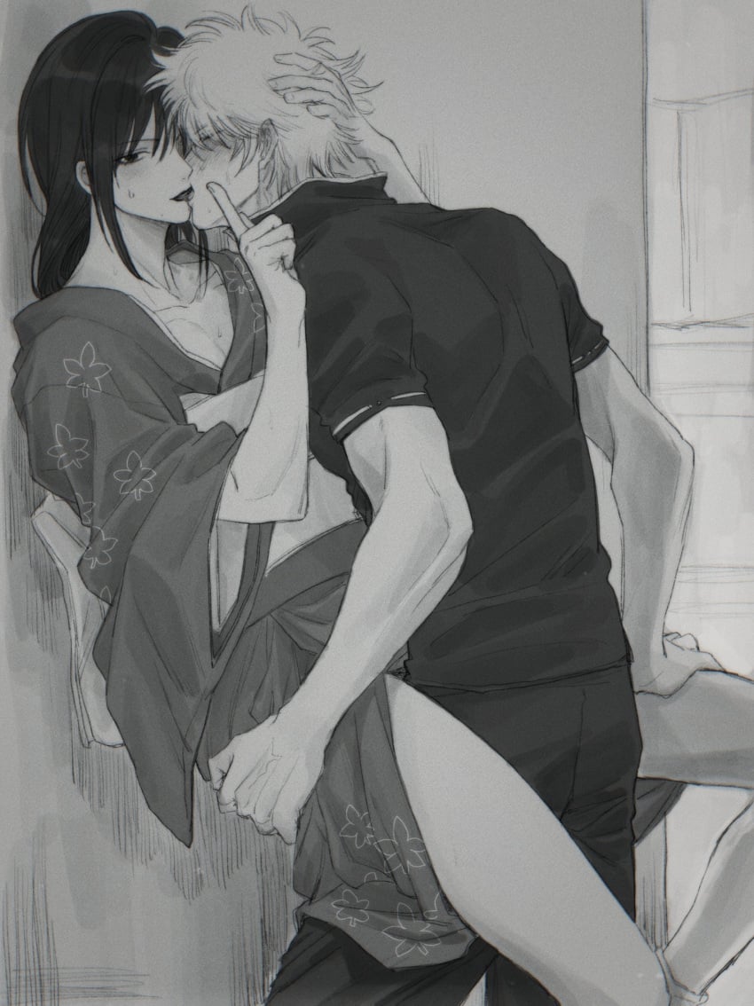 2boys against_wall canon_crossdressing clothed clothed_sex crossdressing feminine_male gay gintama gintoki_sakata hand_on_another's_head implied_sex japanese_clothes katsura_kotarou kimono kissing lipstick llemonyyyy long_hair long_hair_male looking_at_viewer male male_only monochrome official_alternate_costume smile sweat yaoi zurako