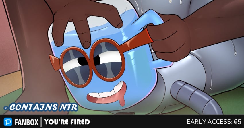 animate_inanimate anthro black_tie bootydox comic_cover crossed_eyes dark-skinned_male dark_skin desk_(jackbox) desk_sex drooling fucked_silly job_interview job_job m._bubbles nonbinary_(lore) red_glasses sweat water_cooler