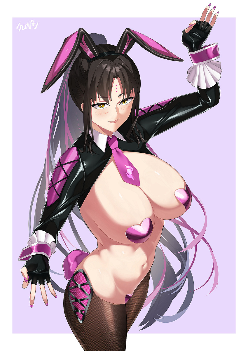 1girls absurd_res bangs black_hair blush breasts brown_legwear cleavage covered_erect_nipples facial_markings fake_animal_ears fate/grand_order fate_(series) forehead_mark heart_pasties hi_res kurozawa_yui large_breasts long_hair looking_at_viewer maebari multicolored_hair navel necktie parted_bangs pasties pink_hair ponytail rabbit_ears rabbit_tail revealing_clothes reverse_bunnysuit sesshouin_kiara sesshouin_kiara_(swimsuit_mooncancer)_(fate) shrug_(clothing) sideboob smile solo streaked_hair tail thighs very_long_hair wrist_cuffs yellow_eyes