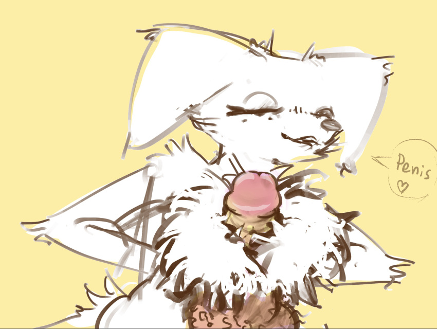 <3 anthro canine chest_fluff chest_fluffjob chest_tuft furry human human_on_anthro looking_at_penis paizuri pov text yellow_background