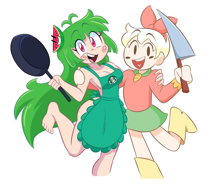 2girls 5_fingers 5_toes apron bare_shoulders barefoot bonnie's_bakery bonnie_(bonnie's_bakery) boots breasts casual cleavage davidbaronart feet female frying_pan goopbloop goopygear green_hair green_panties green_skirt heart_tongue human knife long_hair multiple_girls outerwear pale_skin pan panties panty_peek red_eyes sideboob skirt starbucks thumbnail tongue vannamelon vannamelon_(copyright) virtual_youtuber white_background yellow_boots