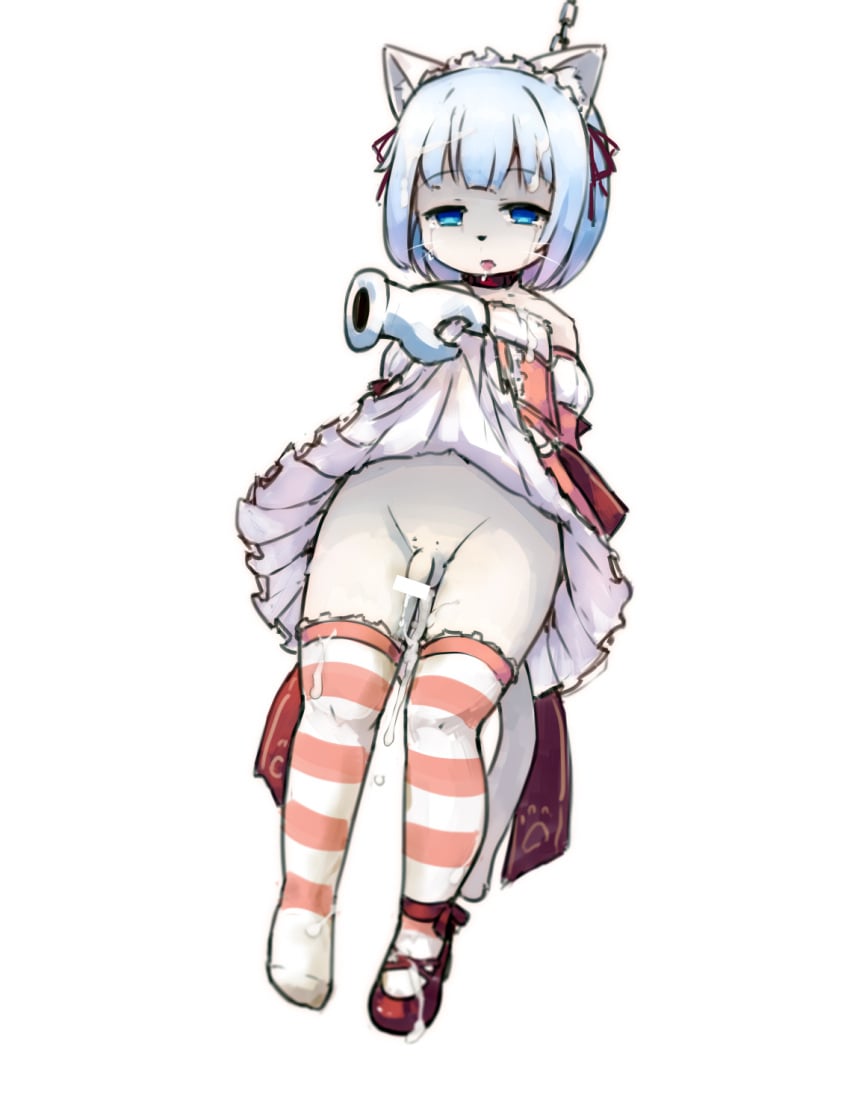 anthro asphyxiation balls blue_hair bodily_fluids bottomwear chain_collar clothed clothing clothing_lift collar crossdressing cum cum_on_face death death_piss disembodied_hand domestic_cat duo felid feline felis genital_fluids genitals hair hanged hi_res maid_uniform male male_death mammal mu-wolfmkii penis simple_background skirt skirt_lift tears testicles uniform white_background