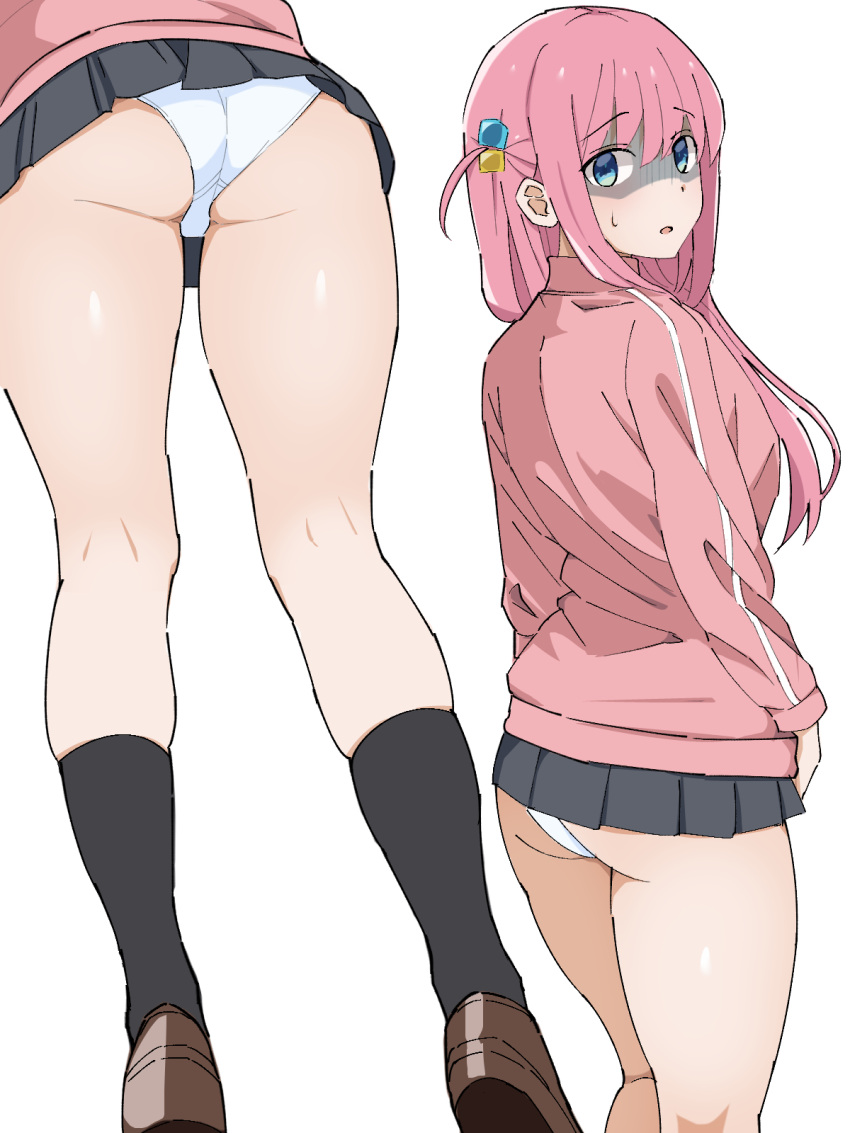 1girls ass black_socks blue_eyes blush bocchi_the_rock! brown_footwear gotou_hitori grey_skirt hair_cubes highres kurusux long_hair looking_at_viewer miniskirt multiple_views open_mouth panties pantyshot pink_hair pink_jacket pleated_skirt solo sweat track_jacket upskirt white_background white_panties