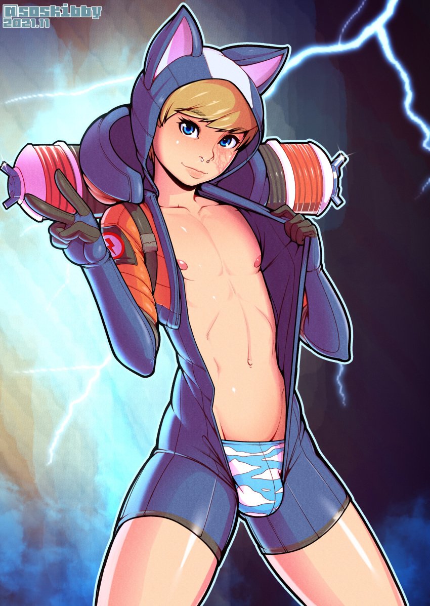 1boy androgynous apex_legends blonde_hair blue_eyes bodysuit boxers_(clothing) bulge cat_ears cute_face cute_male femboy feminine_male flat_chest ftm_crossgender genderbend genderswap genderswap_(ftm) lichtenberg_figure nipples nose_piercing open_clothes otoko_no_ko otokonoko peace_sign penis presenting presenting_breasts pretty_boy rule_63 scar skibby skin_tight solo underwear unzipped unzipped_bodysuit wattson_(apex_legends)