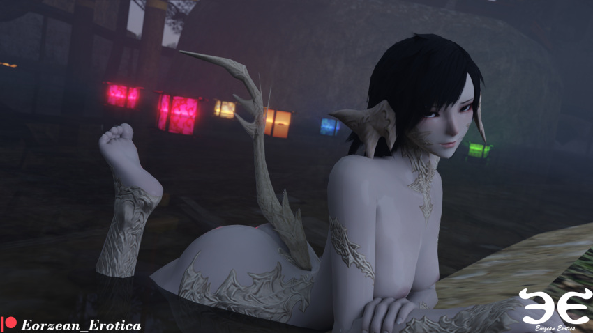 ass au_ra black_eyes black_hair breasts dragon_girl dragon_horns dragon_tail eorzean_erotica final_fantasy final_fantasy_xiv fog horns in_water light-skinned_female light_skin lights lizard_girl lizard_tail nude scales water