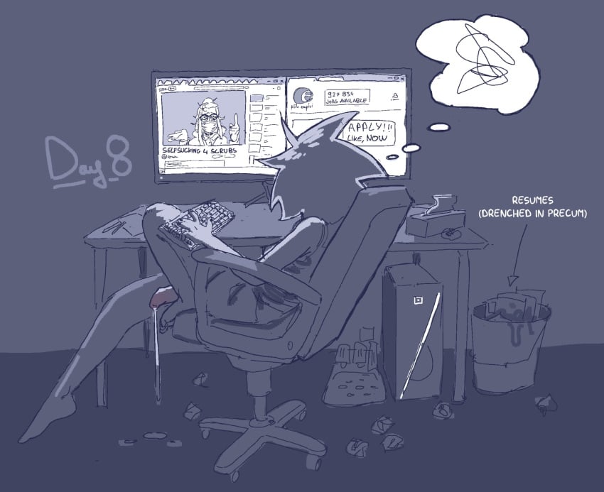 19ad 1futa 2022 bottomless cereza_(19ad) chair clothed clothing computer english_text erection excessive_precum face_mask fran_(tammaro) futa_only futanari glasses gynomorph human job_application monochrome mostly_clothed no_nut_november office_chair penis precum precum_drip sitting sitting_on_chair solo text watching_video