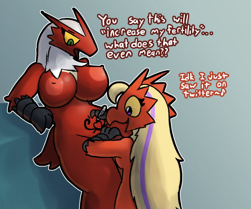 anthro beak blaziken blonde_hair breast_size_difference breasts carol_(otterjunk) duo eyelashes genitals hair hi_res highlights_(coloring) long_hair marker nintendo nipples otterjunk penis pokemon pokemon_(species) pubic_tattoo racha_(otterjunk) sharpie text trans_woman transfem video_games