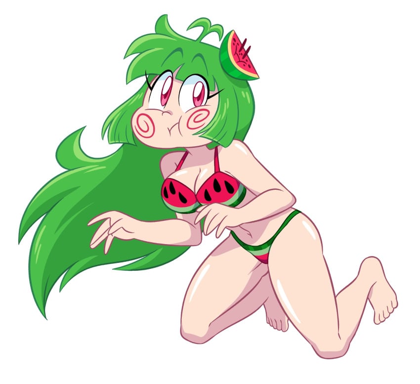 5_fingers 5_toes :i barefoot bikini bikini_bottom bikini_top breasts cleavage davidbaronart feet female goopbloop goopygear green_hair holding_breath long_hair mouth_closed navel red_eyes vannamelon vannamelon_(copyright) virtual_youtuber watermelon_bikini white_background