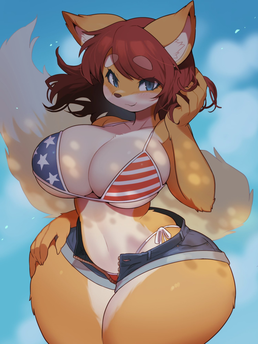 3:4 american_flag_bikini anthro big_breasts bikini blue_eyes blush bottomwear breasts brown_hair canid canine cleavage clothed clothing countershading curvy_figure denim denim_clothing female female_anthro fox fur hair hi_res huge_breasts inner_ear_fluff kaeritai07 kemono mammal multicolored_body multicolored_fur orange_body orange_fur original original_character short_hair shorts side-tie_bikini solo swimwear thick_thighs thunder_thighs tuft voluptuous wide_hips