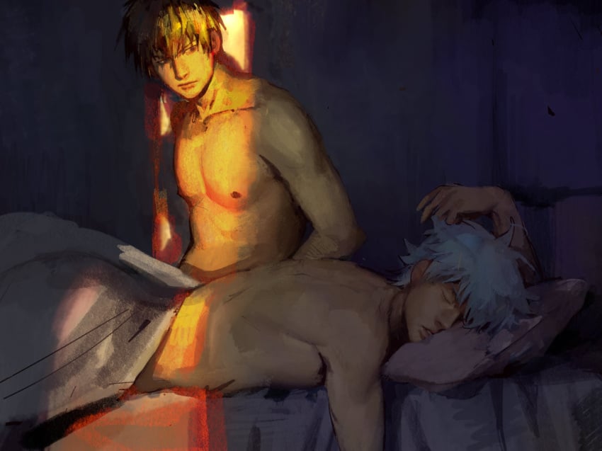 2boys after_sex arm_up bed bedroom blanket closed_eyes darkroom eyes gay gintama gintoki_sakata hair hijikata_toshiro human human_only in_bed light-skinned_male light_skin looking_at_another lying male male_only medya63378 morning nude nude_male nudity on_bed on_stomach open_eyes painting_(artwork) pillow shadow short_hair sitting sleeping spiky_hair sunlight topless topless_male unconscious waking_up yaoi