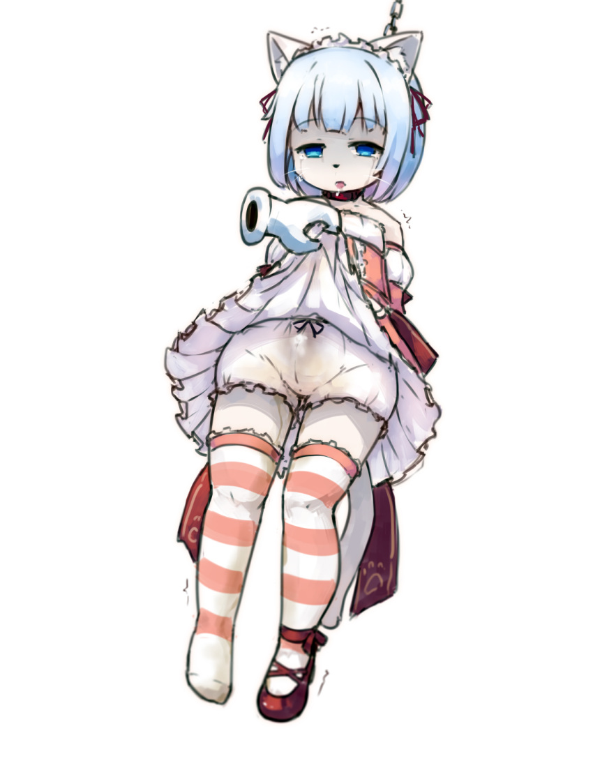 anthro asphyxiation blue_hair bodily_fluids bottomwear chain_collar clothed clothing clothing_lift collar crossdressing death death_piss disembodied_hand domestic_cat duo felid feline felis hair hanged hi_res maid_uniform male male_death mammal mu-wolfmkii simple_background skirt skirt_lift tears uniform white_background