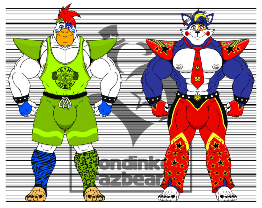 bulge chicken clothed clothing domestic_cat feline five_nights_at_candy's five_nights_at_freddy's five_nights_at_freddy's:_security_breach genital_outline glamrock_candy glamrock_chad male/male muscles muscular scottgames sondinker_fazbear's