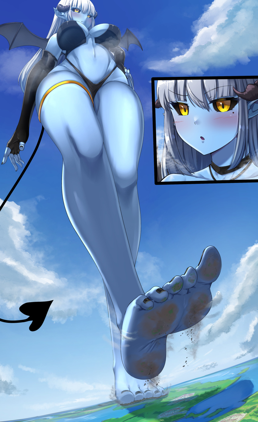 1girls beauty_mark big_breasts bikini blue_skin blush breasts demon_girl demon_tail feet female giantess legs lien tail walking yellow_eyes