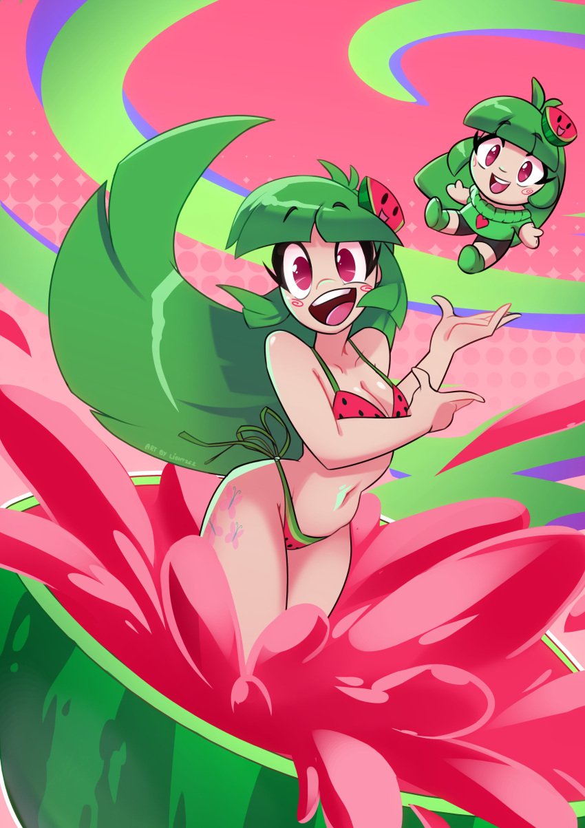 bikini bikini_bottom bikini_top breasts cleavage clothing female green_hair human long_hair navel pale_skin plush plushie red_eyes swimwear vannamelon vannamelon_(copyright) vannamelon_plush virtual_youtuber watermelon watermelon_bikini