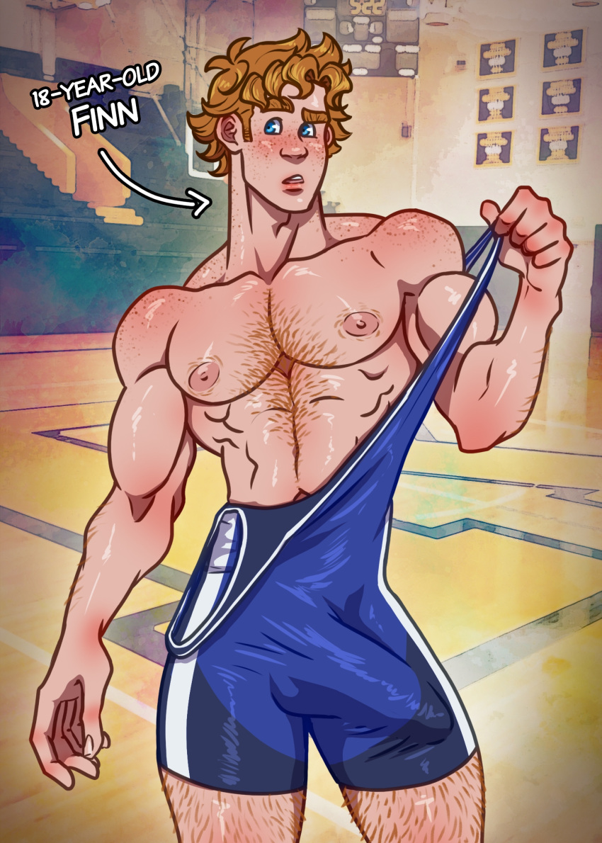 1boy abs athlete bara biceps big_biceps big_bulge big_pecs blonde_hair blue_eyes blue_singlet body_hair boner bulge bulge_under_clothes cabaret_bara cabaret_bara_series chest_hair english_text erect_penis erection erection_under_clothes erection_under_clothing erection_under_singlet finn_(cabaret_bara) freckles freckles_on_face freckles_on_shoulders gym hairy hairy_arms hairy_chest hairy_male hairy_thighs hard_on huge_bulge huge_cock huge_penis human human_only indoors light-skinned_male light_skin male male_chest male_nipples male_only muscles muscular muscular_male muscular_shoulders nipples pecs pectorals penis penis_outline pulling_clothing pulling_singlet school_gym singlet singlet_down solo solo_male teen_boy thick_eyebrows tight_clothing tight_singlet twitter_user_oc undressing