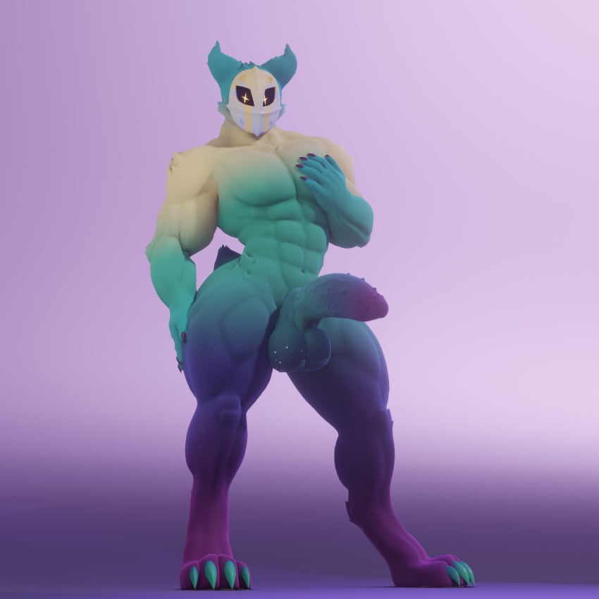 3d 3d_(artwork) anthro anxiboi balls big_penis blue_fur claws furry furry_ears genitals hi_res male male_only mask muscular nude penis pose posing solo star_eyes tagme tail yellow_eyes zetar_(anxiboi)