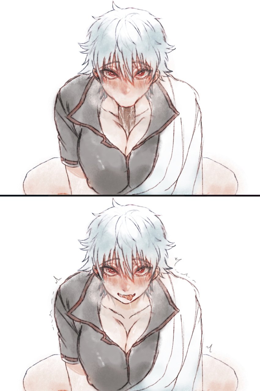 1boy 1girls :>= ahe_gao big_breasts blush breast_squish breath canon_genderswap cleavage disembodied_penis drooling erection faceless_male fellatio female female_focus genderswap_(mtf) ginko_sakata gintama gintoki_sakata heart-shaped_pupils horny looking_at_viewer looking_pleasured male_pov multiple_images nipple_bulge not_responding oral paizuri penis penis_between_breasts popped_collar red_eyes rule_63 short_hair smile solo_focus tears tomboy tongue_out uncensored upper_body very_short_hair white_hair