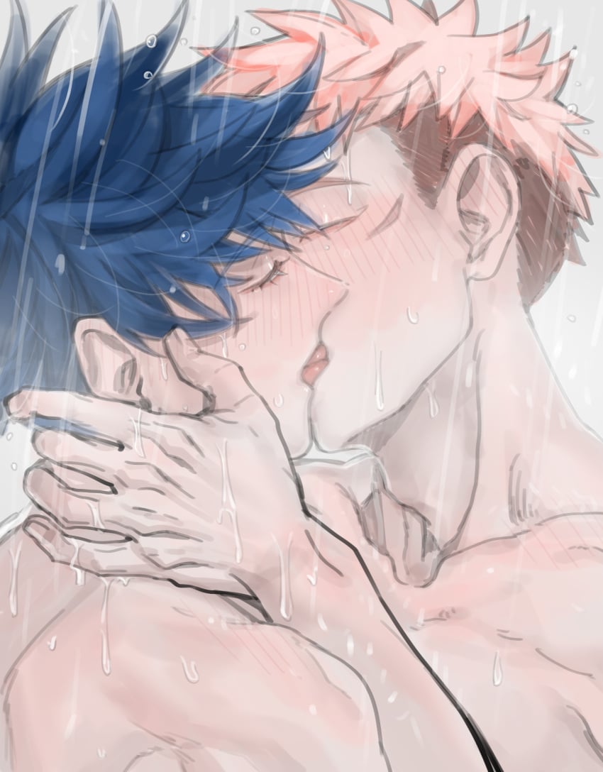 2boys closed_eyes french_kiss fushiguro_megumi iinikukuiita itadori_yuuji itafushi jujutsu_kaisen kissing making_out male no_visible_genitalia nude passionate pink_hair shower tongue_kiss yaoi