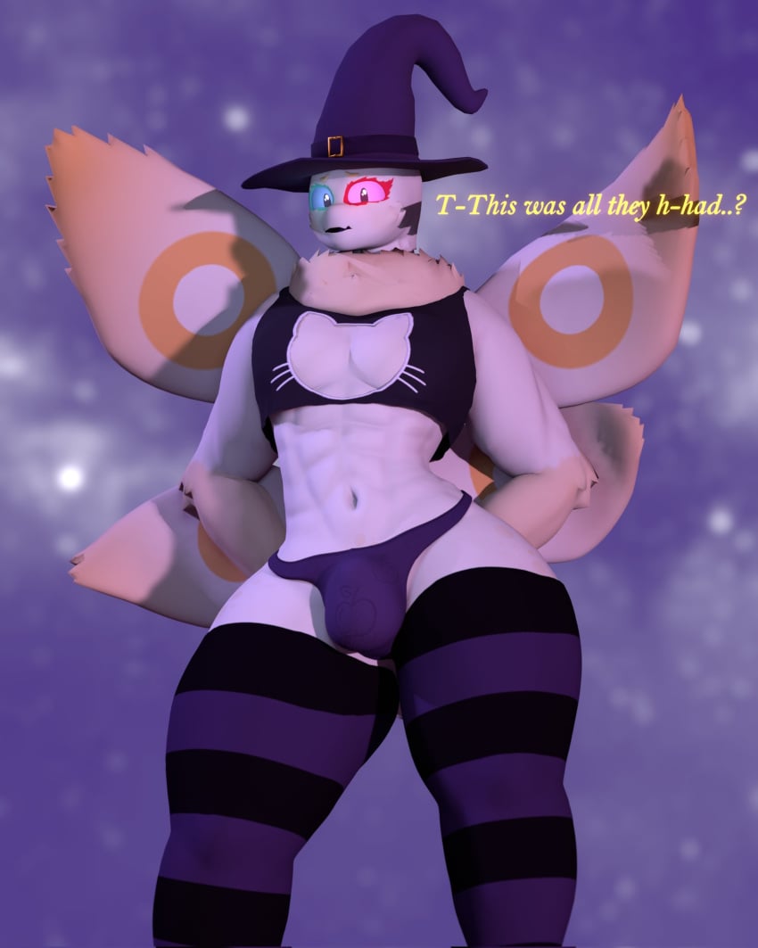 3d 3d_(artwork) amreth_(anxiousanxiety) anthro anxiboi blue_eyes bulge clothed clothing furry halloween halloween_costume hat heterochromia hi_res male male_only moth moth_wings muscular red_eyes solo stockings tagme text wings witch_hat