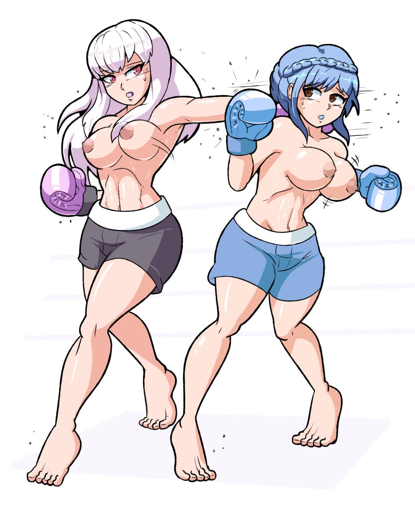 2girls alternate_version_available bangs bare_legs barefoot blue_hair boxing boxing_gloves braid breasts brown_eyes catfight female female_only fight fire_emblem fire_emblem:_three_houses gloves large_breasts light-skinned_female light_blue_boxing_gloves light_blue_gloves light_blue_hair light_skin long_hair lysithea_von_ordelia marianne_von_edmund multiple_girls netto-painter nintendo nipples pink_eyes purple_boxing_gloves purple_gloves shorts sweat topless topless_boxing white_hair