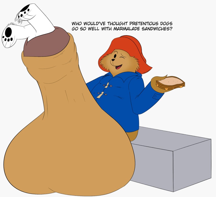 2boys anthro bear brian_griffin canine clothed coat cock_vore dialogue family_guy feet feet_sticking_out food foreskin furry glans hangrydemon hat headwear humanoid_genitalia humanoid_penis hyper hyper_balls hyper_genitalia hyper_penis male male/male male_only paddington_and_company_limited paddington_bear partially_retracted_foreskin penis sandwich sandwich_(food) uncut ursid vore weird_crossover what